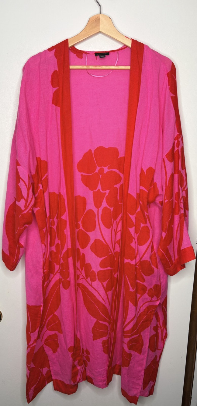 Ann Taylor Women's Pink Red Floral Linen Kimono Wrap Size Medium Large